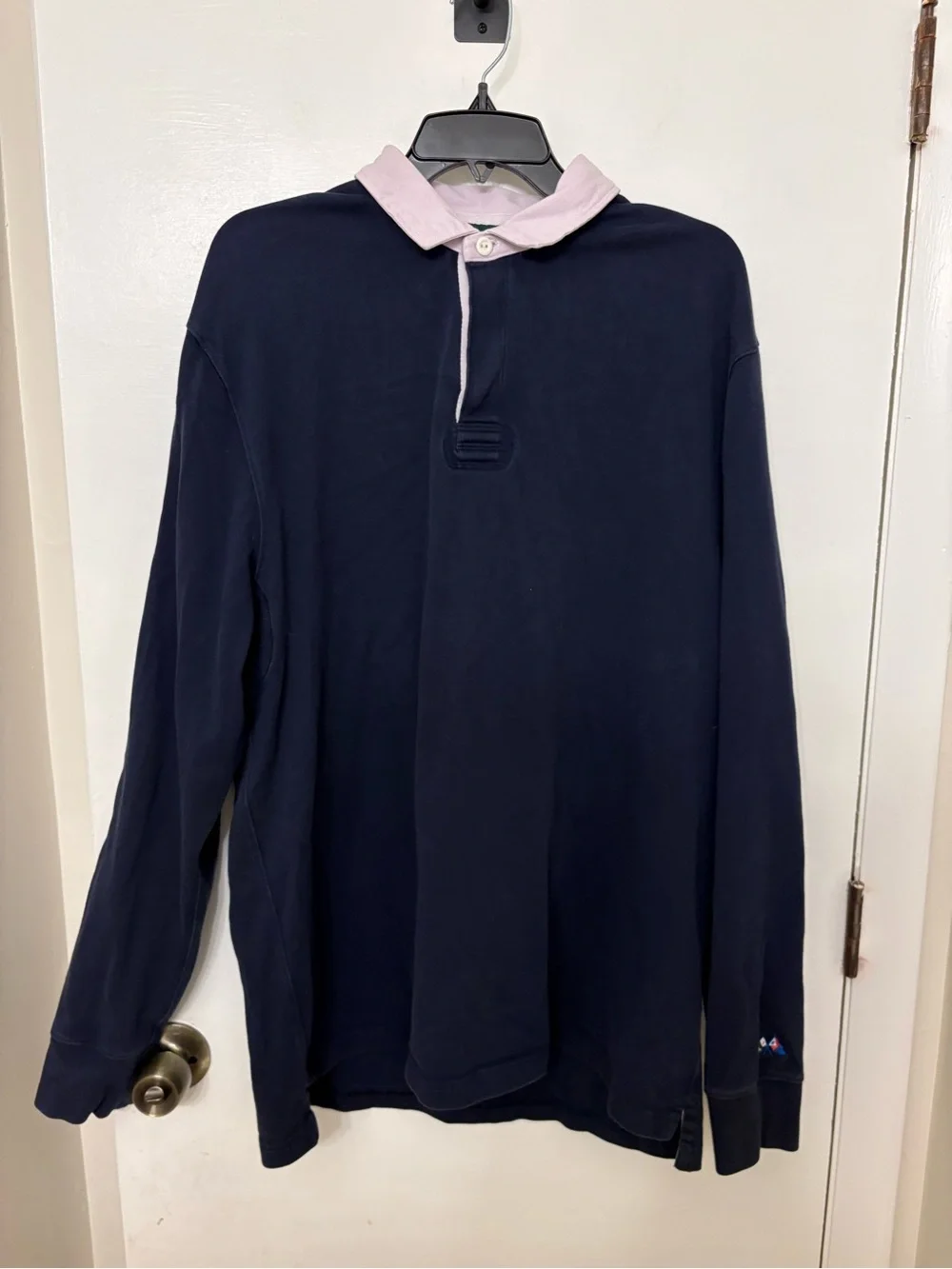 Vintage J.Crew Oarsman Rugby Shirt Mens XLT Navy Blue Pink Collar Elbow Patch